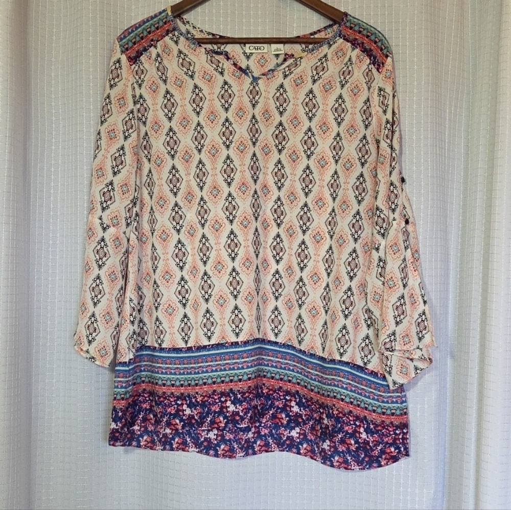 Cato Shirt Printed Tunic Length Button Peek-a-Boo Sleeves Size L